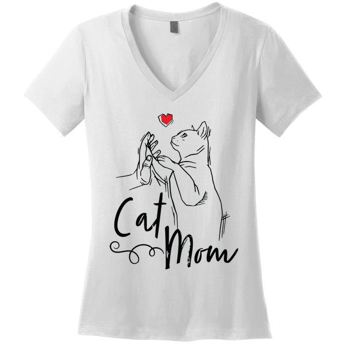 Cat Mom Cute Cat Illustration With Human Hand And Heart Women's V-Neck T-Shirt