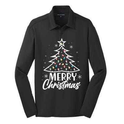 Cute Merry Christmas Tree Outline Silk Touch Performance Long Sleeve Polo