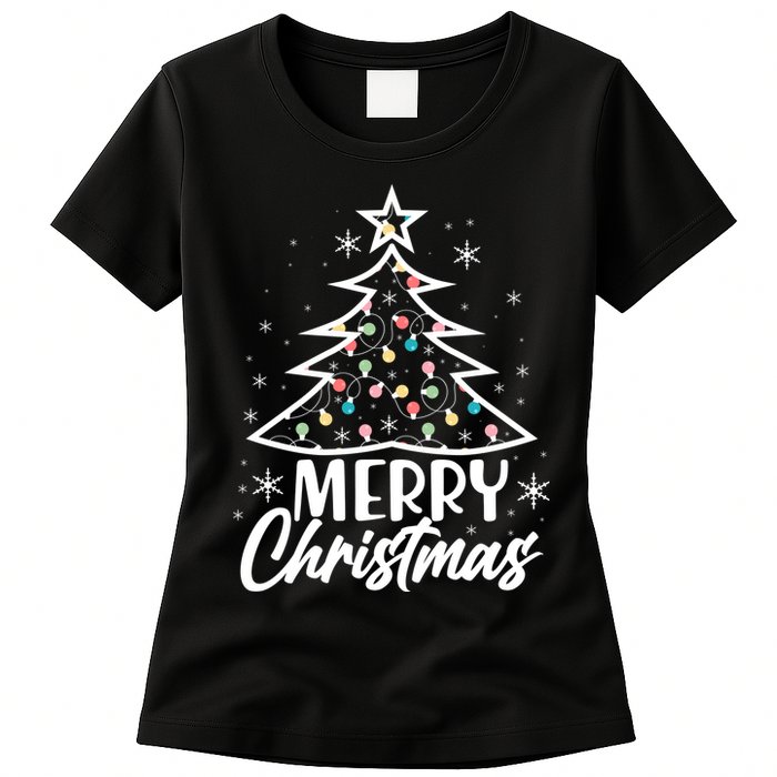 Cute Merry Christmas Tree Outline Womens T-Shirt