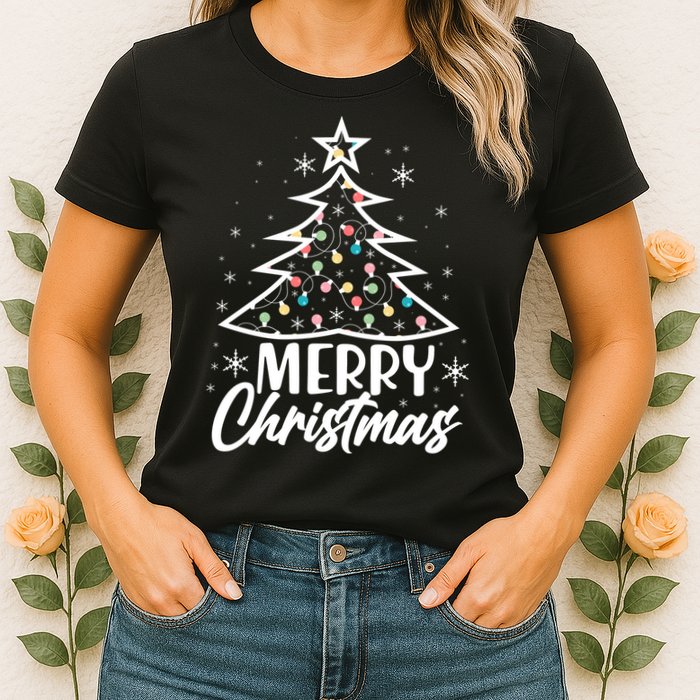 Cute Merry Christmas Tree Outline Womens T-Shirt