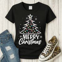 Cute Merry Christmas Tree Outline Womens T-Shirt