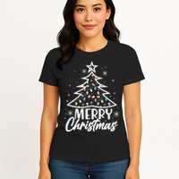 Cute Merry Christmas Tree Outline Womens T-Shirt