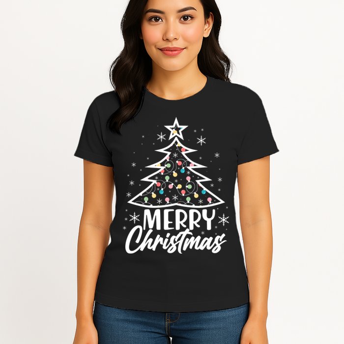 Cute Merry Christmas Tree Outline Womens T-Shirt