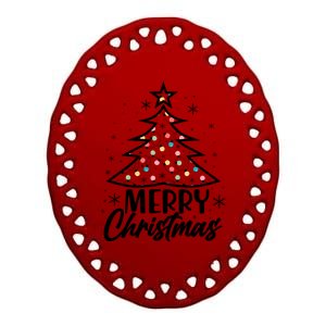 Cute Merry Christmas Tree Outline Ceramic Oval Ornament