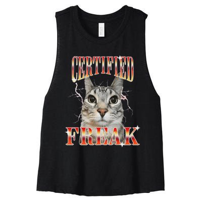 Cat Meme Certified Freak Eat Cement Cursed Cat Women's Racerback Cropped Tank