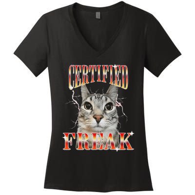 Cat Meme Certified Freak Eat Cement Cursed Cat Women's V-Neck T-Shirt