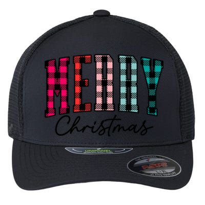 Cool Merry Christmas Multi Color Plaid Flexfit Unipanel Trucker Cap