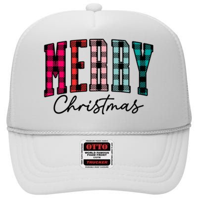 Cool Merry Christmas Multi Color Plaid High Crown Mesh Back Trucker Hat