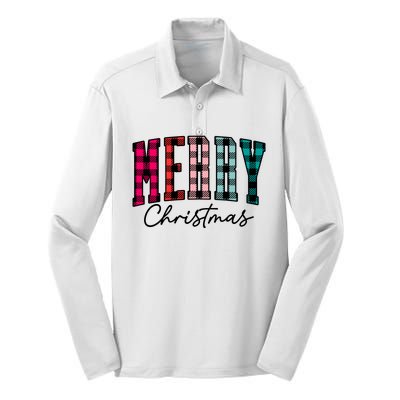 Cool Merry Christmas Multi Color Plaid Silk Touch Performance Long Sleeve Polo