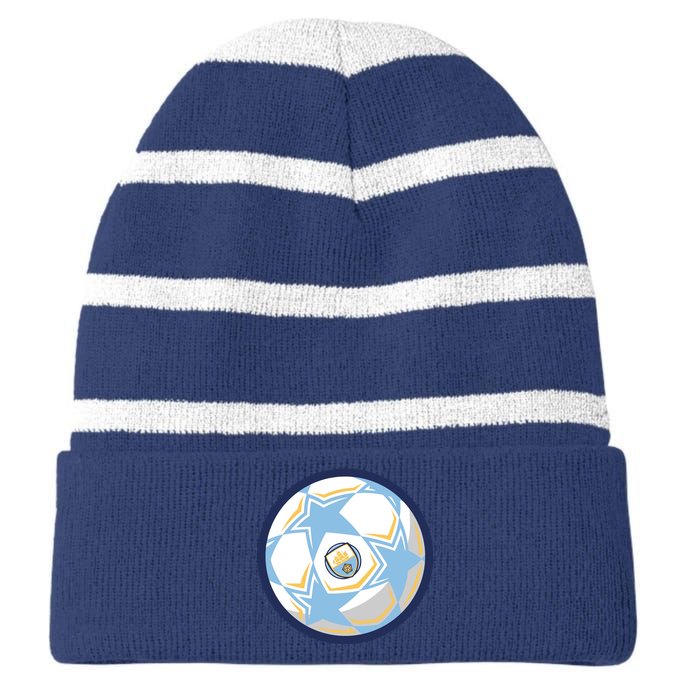 Cool Man City Soccer Team Ball Striped Beanie with Solid Band