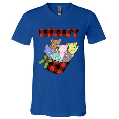 Cat Meowy Checkered Cute Meh Cat Lover Gift V-Neck T-Shirt