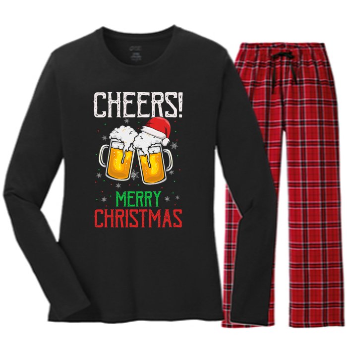 Cheers! Merry Christmas Beer Christmas Present Women's Long Sleeve Flannel Pajama Set 