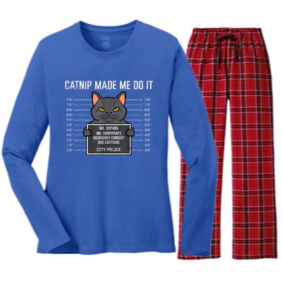 Cat Mugshot Catnip Made Me Do It Funny Furrypants Women's Long Sleeve Flannel Pajama Set 