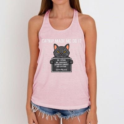 Cat Mugshot Catnip Made Me Do It Funny Furrypants Women's Knotted Racerback Tank