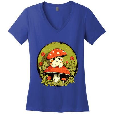 Cat Mushroom Cute Cottagecore Aesthetic Women's V-Neck T-Shirt