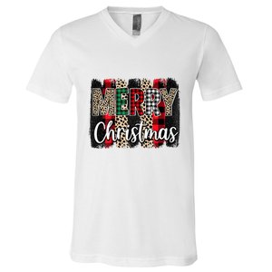 Cute Merry Christmas YAll Leopard Buffalo Plaid Pajama V-Neck T-Shirt