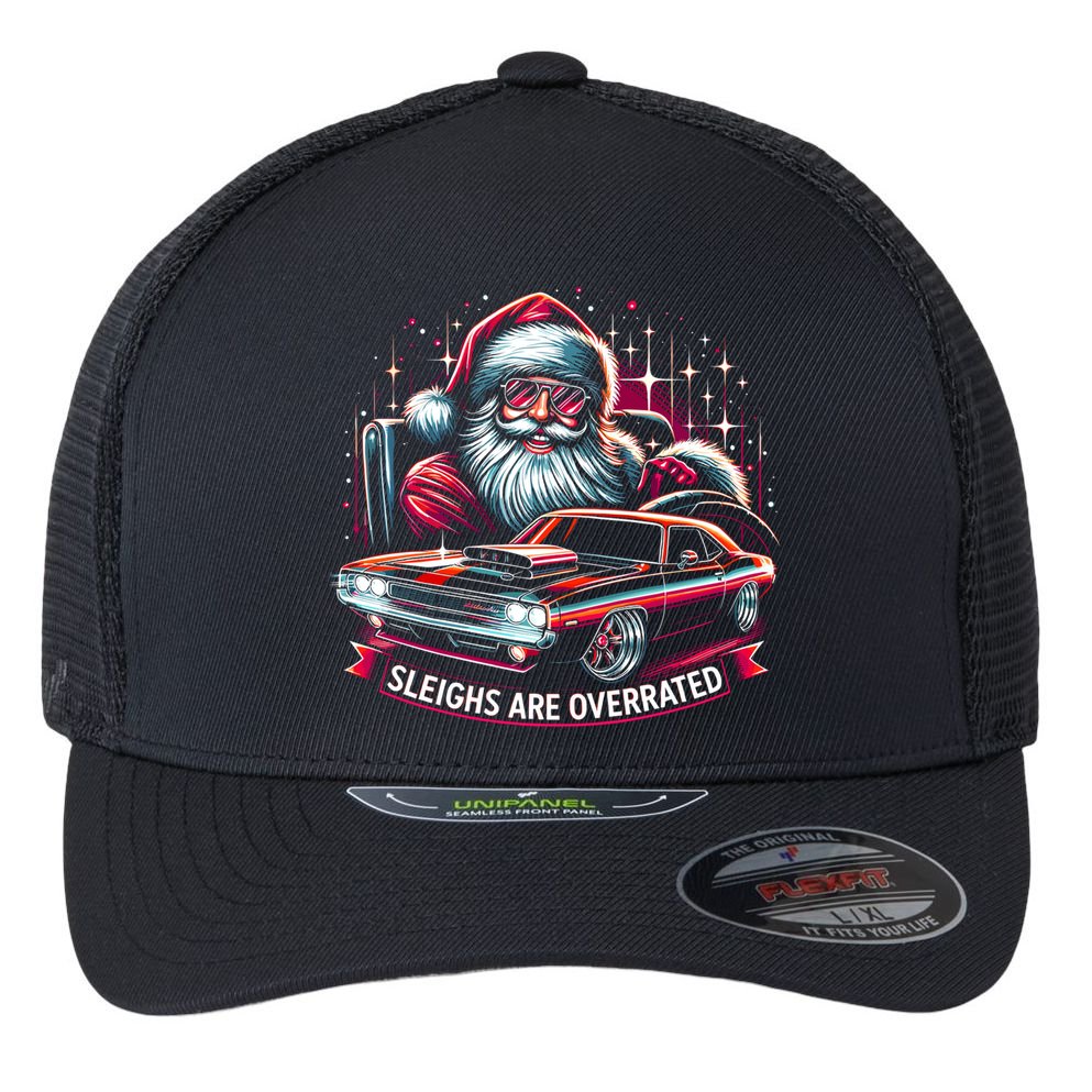 Classic Muscle Car Santa Hotrod V8 Enthusiast Christmas Flexfit Unipanel Trucker Cap