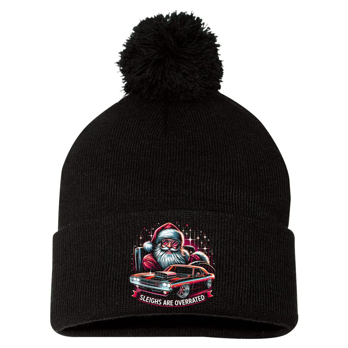 Classic Muscle Car Santa Hotrod V8 Enthusiast Christmas Pom Pom 12in Knit Beanie