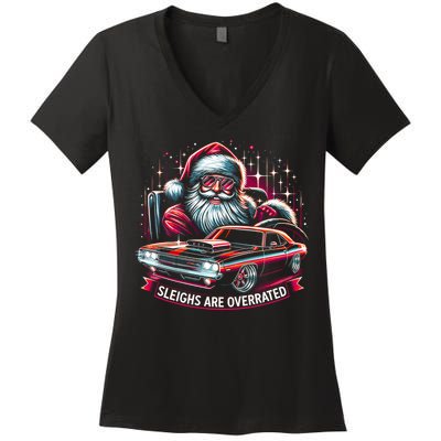 Classic Muscle Car Santa Hotrod V8 Enthusiast Christmas Women's V-Neck T-Shirt