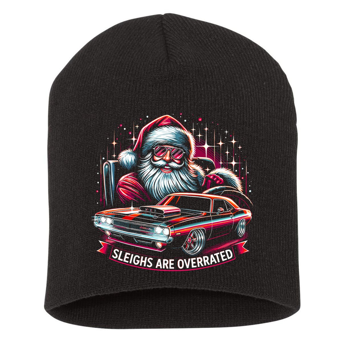 Classic Muscle Car Santa Hotrod V8 Enthusiast Christmas Short Acrylic Beanie