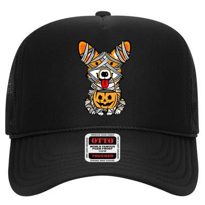 Corgi Mummy Cute Halloween Dog Lover High Crown Mesh Back Trucker Hat