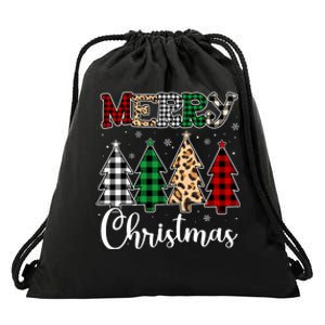 Cute Merry Christmas Leopard Buffalo Red Plaid Drawstring Bag