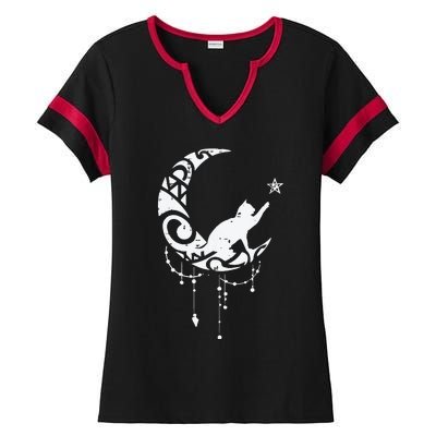 Crescent Moon Cat Star Mystical Celestial Women Girl Ladies Halftime Notch Neck Tee