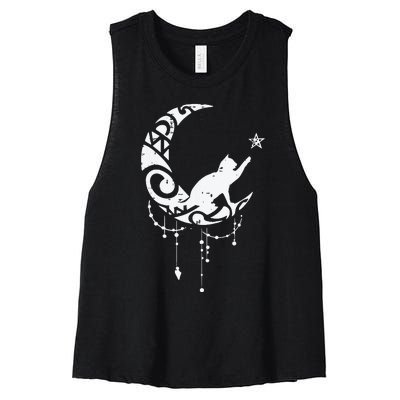 Crescent Moon Cat Star Mystical Celestial Women Girl Women's Racerback Cropped Tank