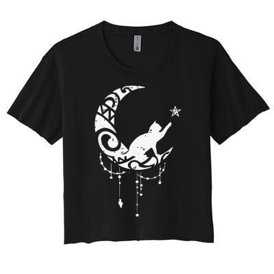 Crescent Moon Cat Star Mystical Celestial Women Girl Women's Crop Top Tee