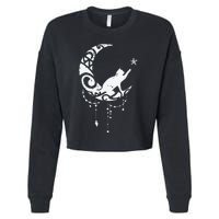 Crescent Moon Cat Star Mystical Celestial Women Girl Cropped Pullover Crew