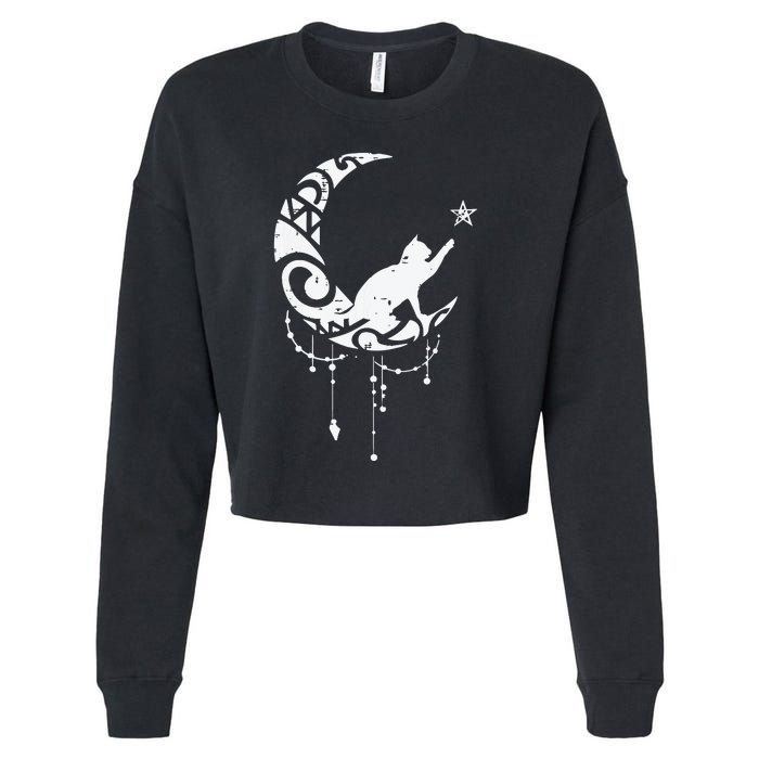 Crescent Moon Cat Star Mystical Celestial Women Girl Cropped Pullover Crew