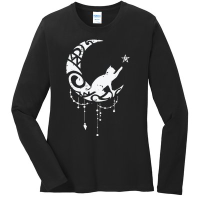 Crescent Moon Cat Star Mystical Celestial Women Girl Ladies Long Sleeve Shirt