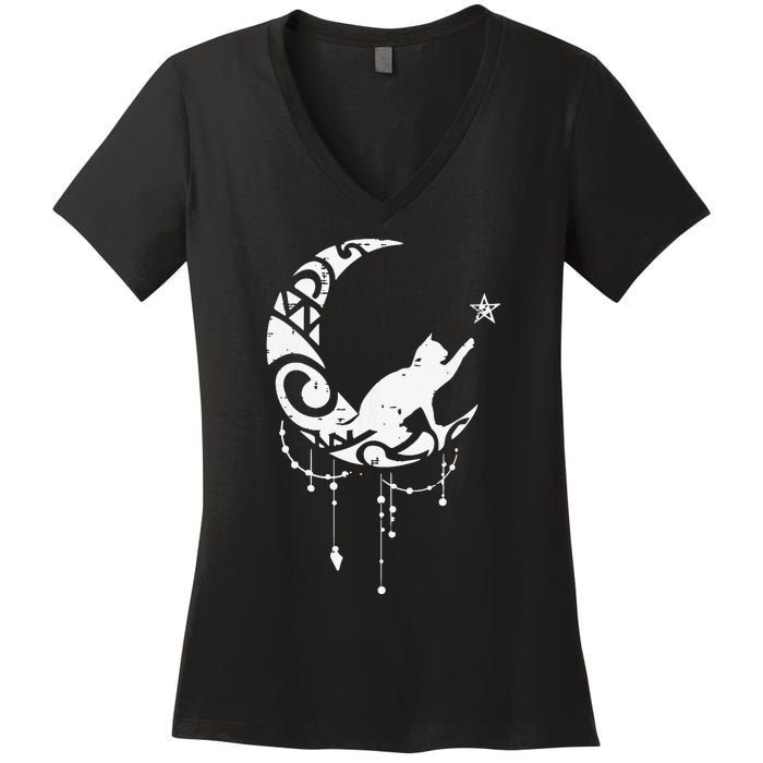 Crescent Moon Cat Star Mystical Celestial Women Girl Women's V-Neck T-Shirt