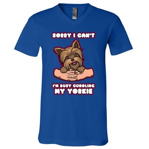 Cuddling My Cute Yorkie Funny Yorkshire Terrier Great Gift V-Neck T-Shirt