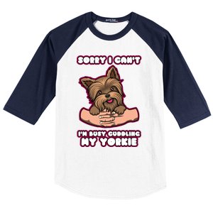 Cuddling My Cute Yorkie Funny Yorkshire Terrier Great Gift Baseball Sleeve Shirt