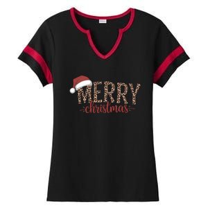 Cute Merry Christmas Leopard Santa Hat Print Xmas Pajamas Gift Ladies Halftime Notch Neck Tee