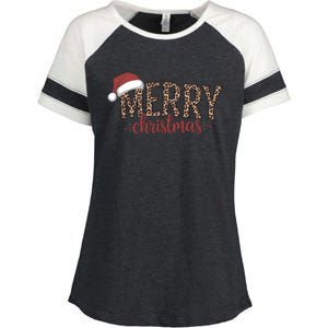 Cute Merry Christmas Leopard Santa Hat Print Xmas Pajamas Gift Enza Ladies Jersey Colorblock Tee