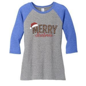 Cute Merry Christmas Leopard Santa Hat Print Xmas Pajamas Gift Women's Tri-Blend 3/4-Sleeve Raglan Shirt