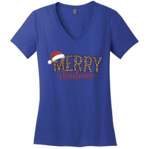 Cute Merry Christmas Leopard Santa Hat Print Xmas Pajamas Gift Women's V-Neck T-Shirt