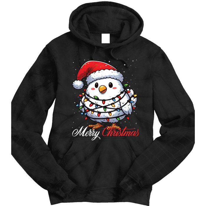 Chicken Merry Christmas Lights Santa Hat Xmas Snow Long Sleeve Tie Dye Hoodie