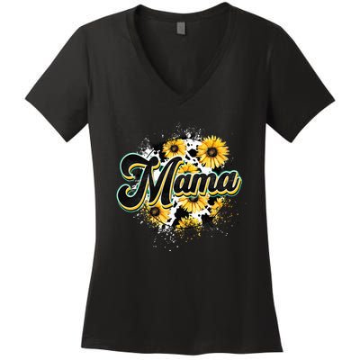 Cute Mama Cow Print Sunflower MotherS Day Women's V-Neck T-Shirt