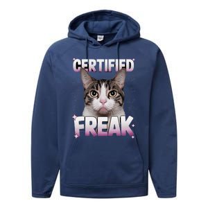 Cat Meme Certified Freak Eat Cement Cursed Cat Funny Performance Fleece Hoodie