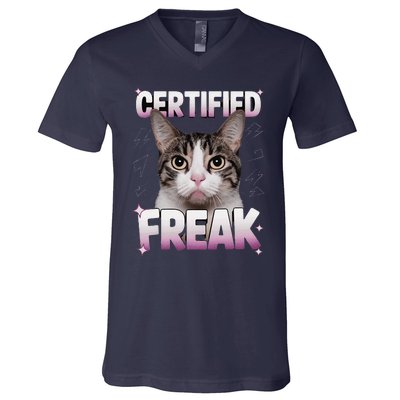 Cat Meme Certified Freak Eat Cement Cursed Cat Funny V-Neck T-Shirt