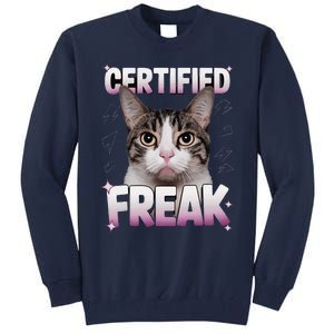 Cat Meme Certified Freak Eat Cement Cursed Cat Funny Tall Sweatshirt