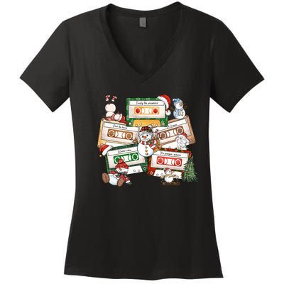 Christmas Music Cassette Tapes Christmas Tree Funny Xmas Gift Women's V-Neck T-Shirt