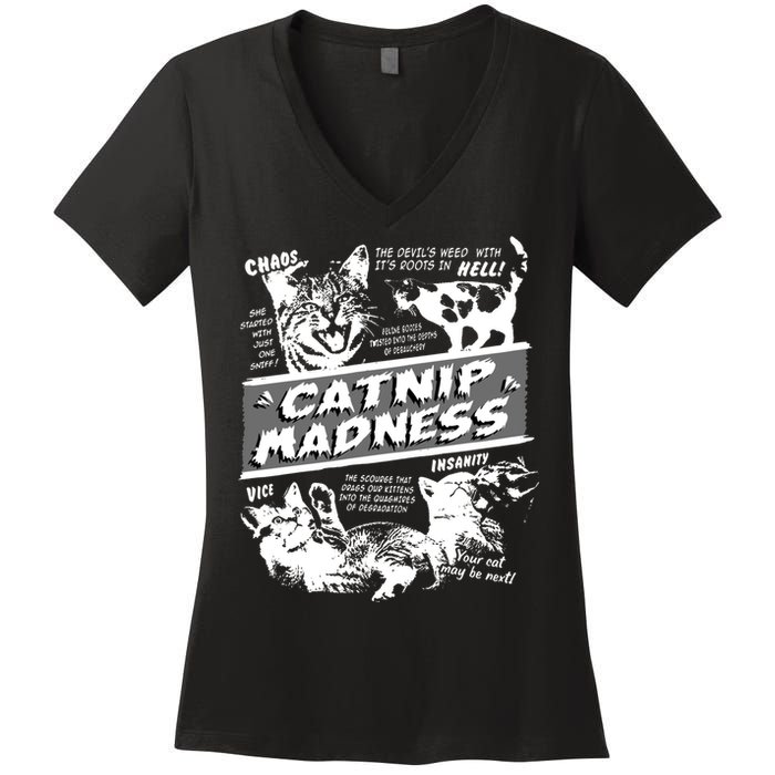 Catnip Madness Cute Kitten Funny Cat Pet Humor Women's V-Neck T-Shirt