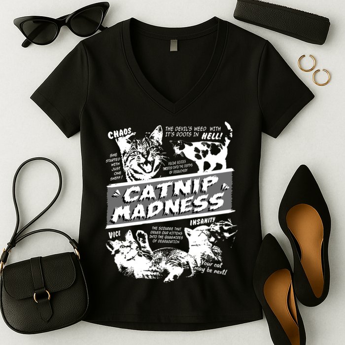 Catnip Madness Cute Kitten Funny Cat Pet Humor Women's V-Neck T-Shirt