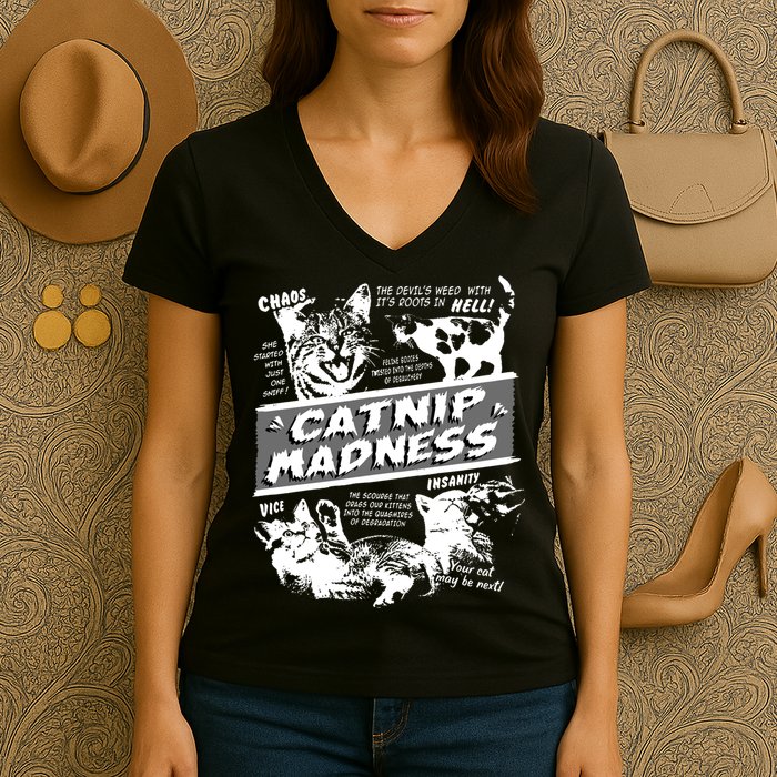 Catnip Madness Cute Kitten Funny Cat Pet Humor Women's V-Neck T-Shirt