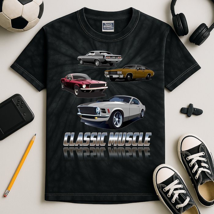 Classic Muscle Classic Sports Cars Kids Tie-Dye T-Shirt