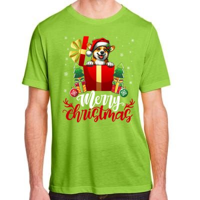 Corgi Merry Christmas Funny Gift Box Tree Santa Hat Snowflakes Gift Adult ChromaSoft Performance T-Shirt